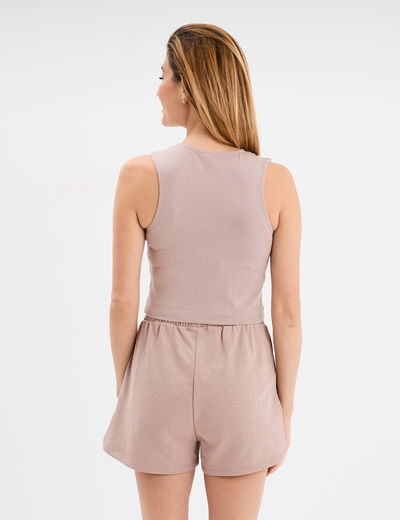 Débardeur cropped ouverture épaule marron clair femme