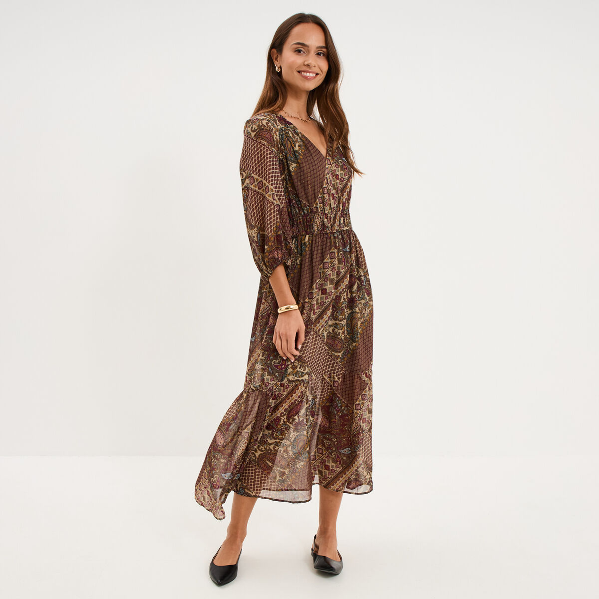 Robe longue manches 3/4 col en V vert kaki femme