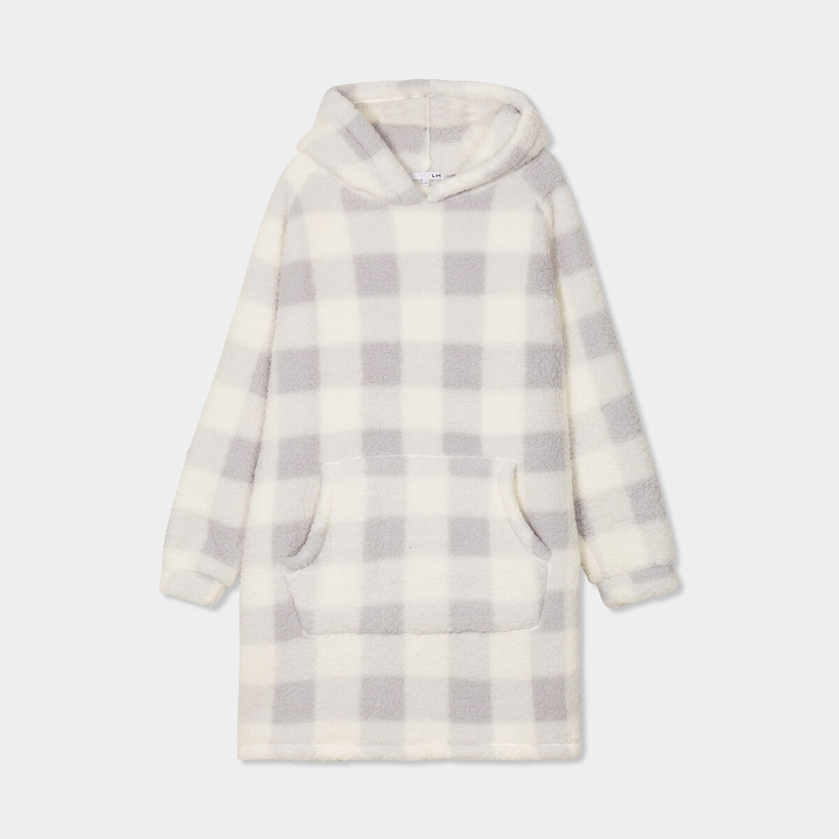Poncho plaid effet polaire &agrave; capuche ecru femme