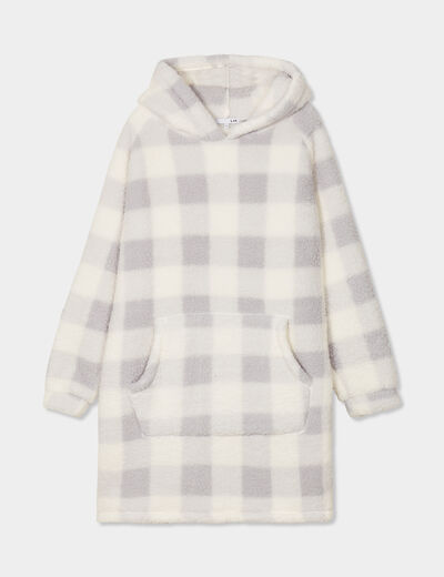 Poncho plaid effet polaire &agrave; capuche ecru femme