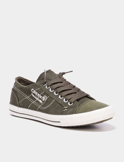 Tennis basses en toile &agrave; lacets vert kaki homme