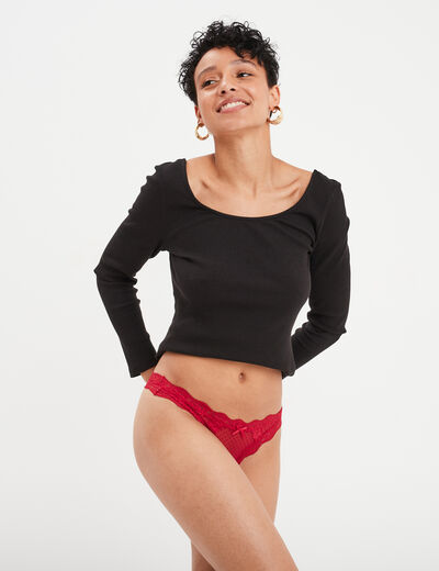 Tanga dentelle et plumetis rose framboise femme