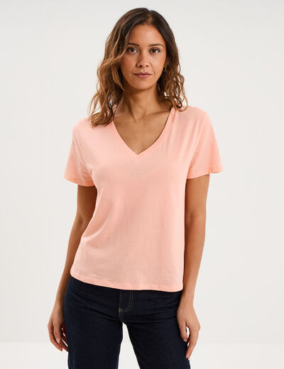T-shirt manches courtes col en V coton rose poudr&eacute;e femme