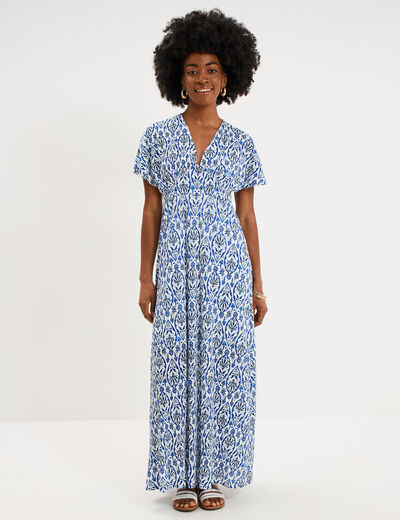 Robe longue gaufr&eacute;e manches courtes ecru femme