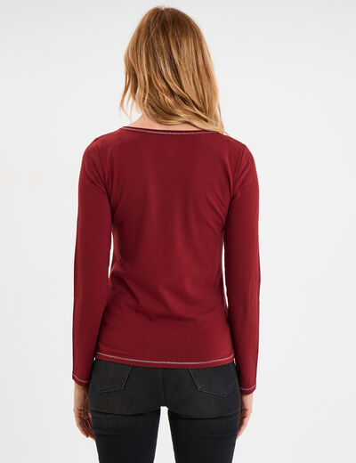 T-shirt manches longues col en V coton bordeaux femme