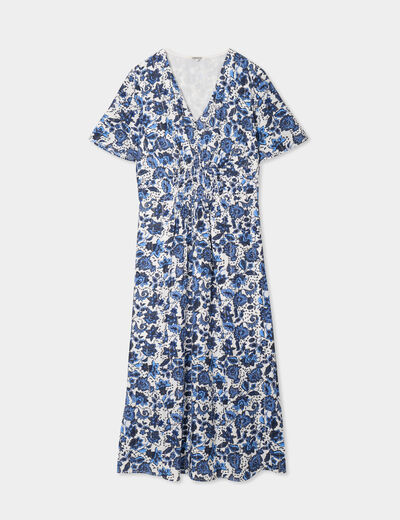 Robe longue empire taille smock&eacute;e blanc femme