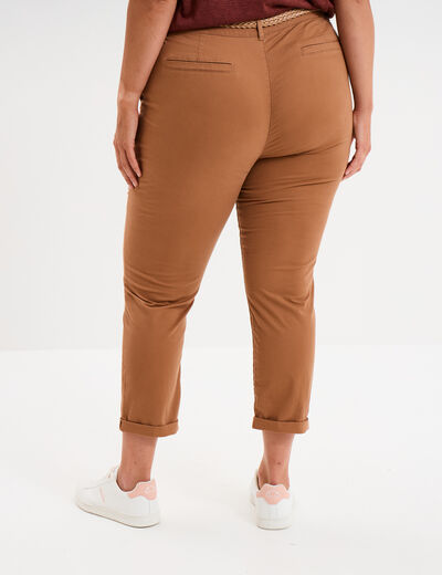 Pantalon chino cigarette ceinturé coton marron clair femme grande taille