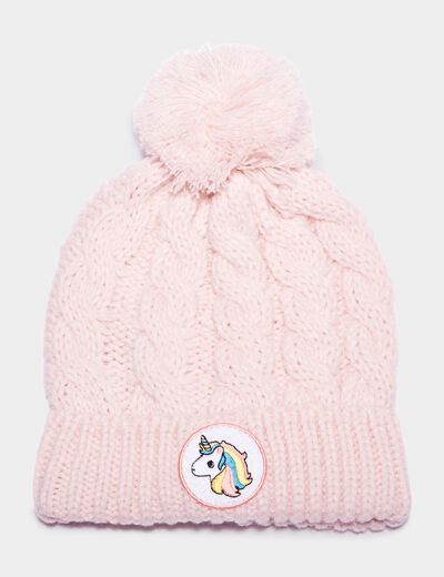 Bonnet tricoté à pompon rose bébé fille