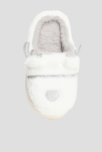 Chaussons mules renne fausse fourrure blanc femme