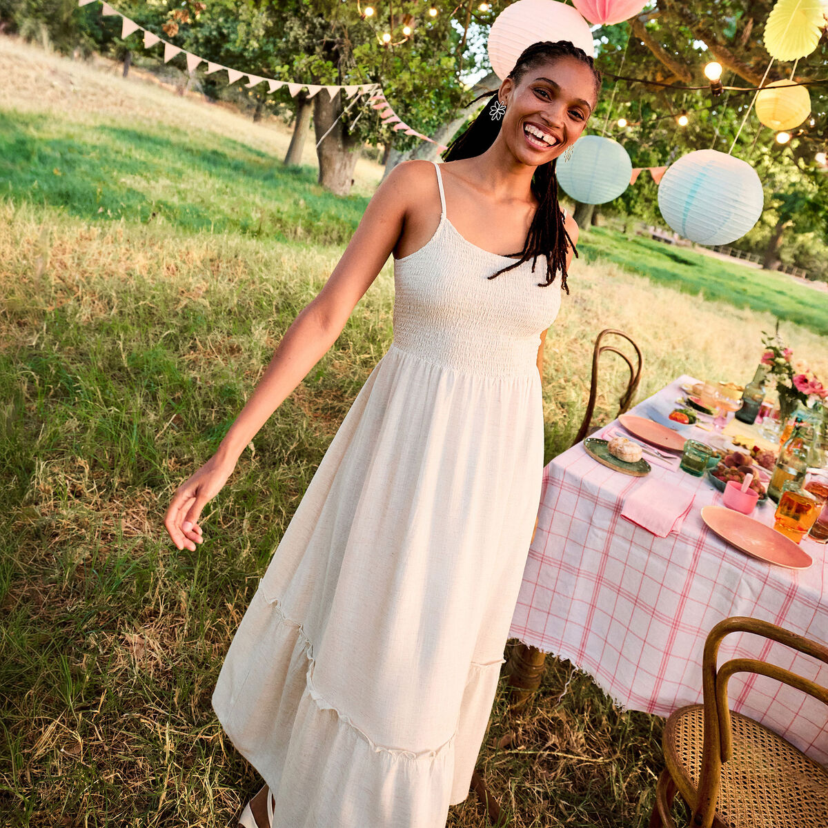 Robe longue buste smock&eacute; lin m&eacute;lang&eacute; beige femme