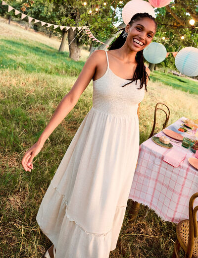 Robe longue buste smock&eacute; lin m&eacute;lang&eacute; beige femme