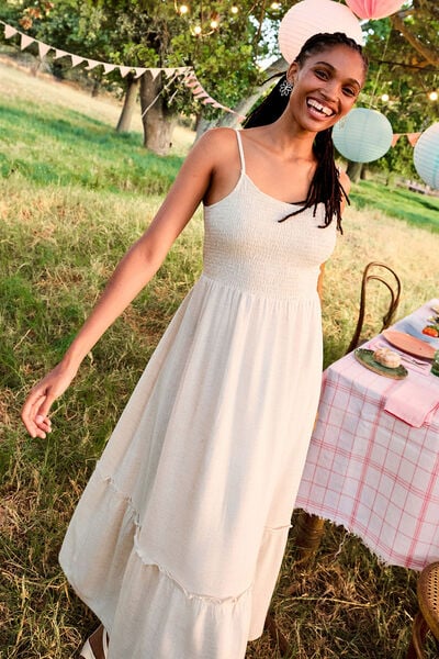 Robe longue buste smock&eacute; lin m&eacute;lang&eacute; beige femme