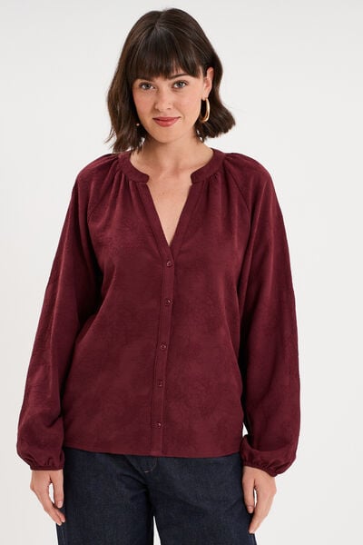 Blouse manches longues col V boutonn&eacute;e violet fonc&eacute; femme