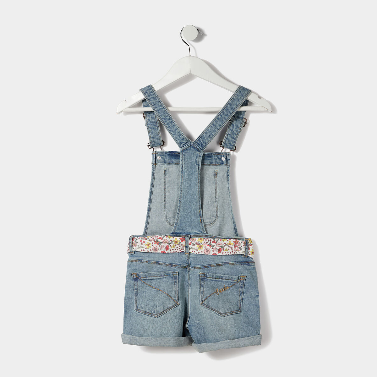 Salopette short ceinturée en jean denim double stone fille