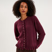 Gilet col rond &agrave; volants boutonn&eacute; prune femme