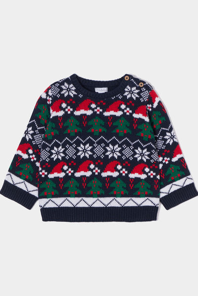 Pull de Noël épaule boutonnée Kimbaloo bleu marine bébé garçon