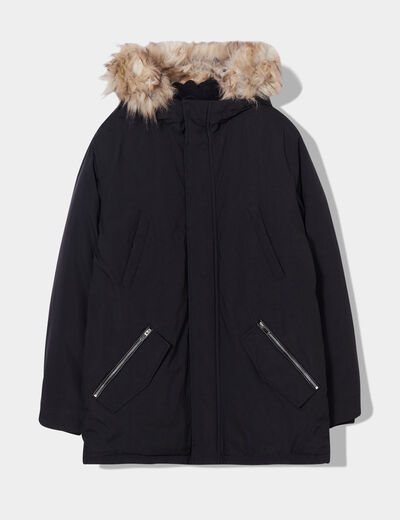 Parka à capuche fausse fourrure amovible noir homme