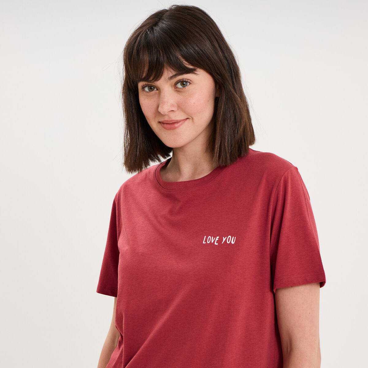 T-shirt col rond manches courtes coton rouge fonc&eacute; femme