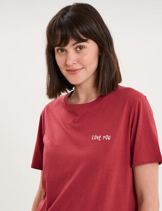 T-shirt col rond manches courtes coton rouge fonc&eacute; femme