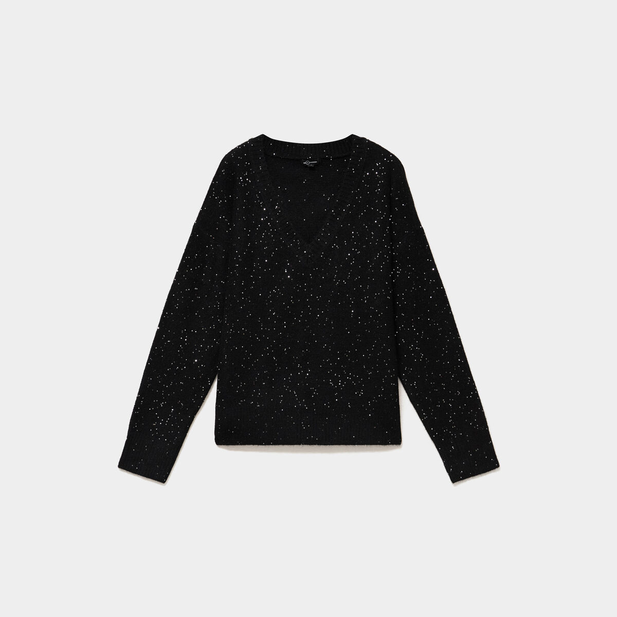 Pull droit &agrave; sequins et col en V noir femme