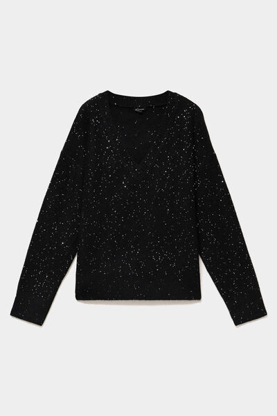 Pull droit &agrave; sequins et col en V noir femme