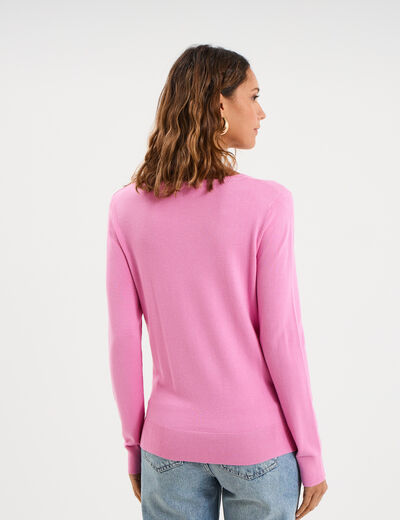 Pull col en V manches longues rose femme