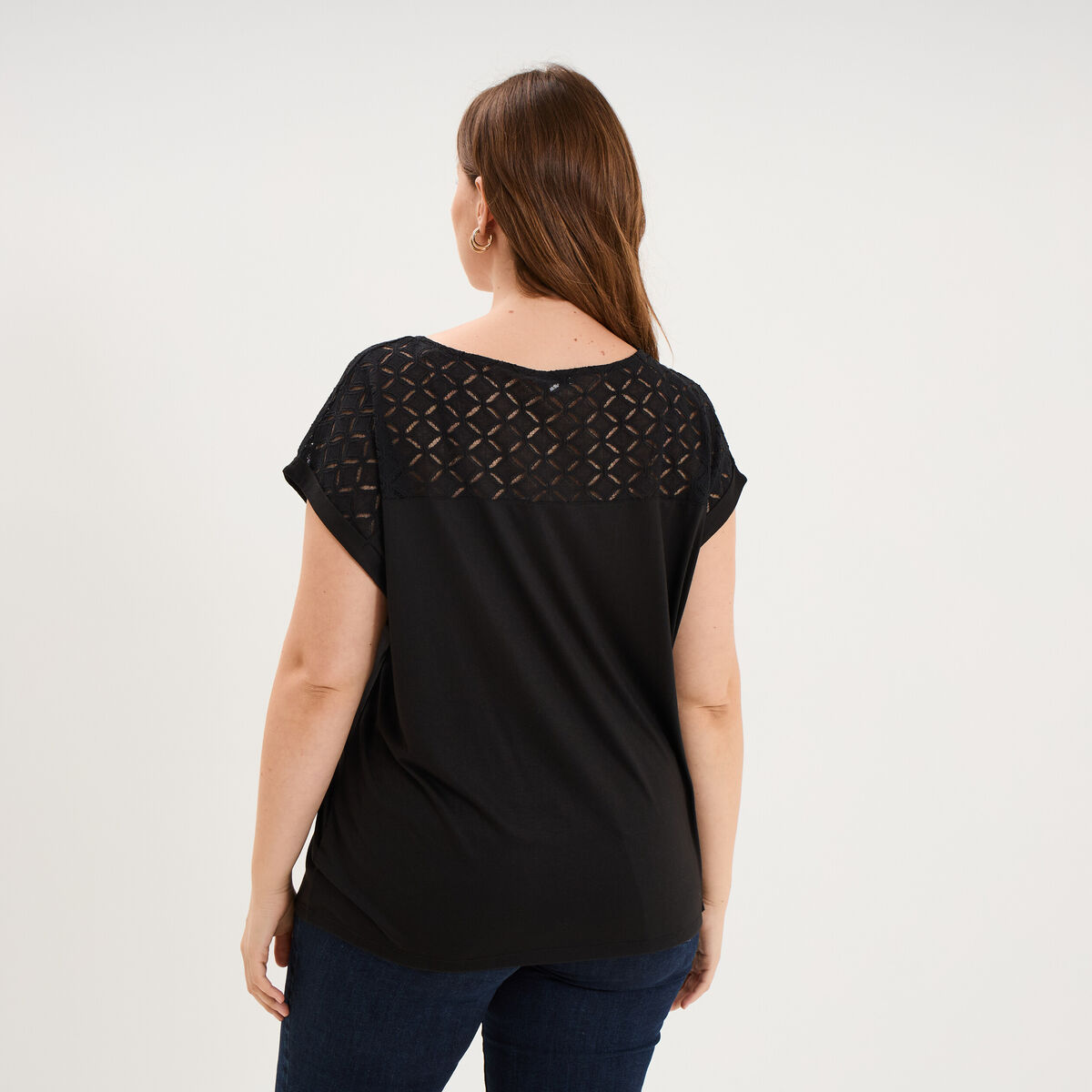 T-shirt droit avec dos dentelle oversize noir femme grande taille