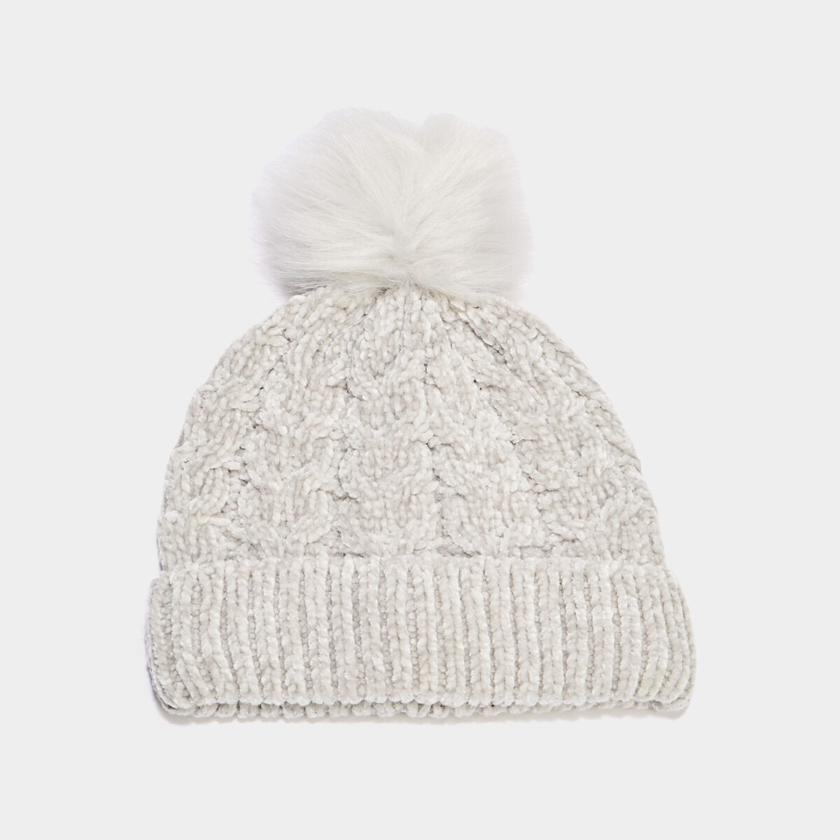 Bonnet &agrave; pompon fausse fourrure gris femme