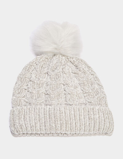 Bonnet &agrave; pompon fausse fourrure gris femme
