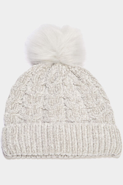 Bonnet &agrave; pompon fausse fourrure gris femme