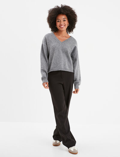 Pull col en V manches ballons gris femme