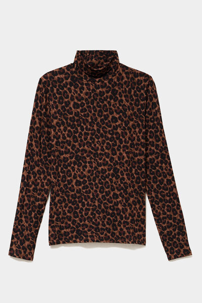 T-shirt col roul&eacute; manches longues marron femme