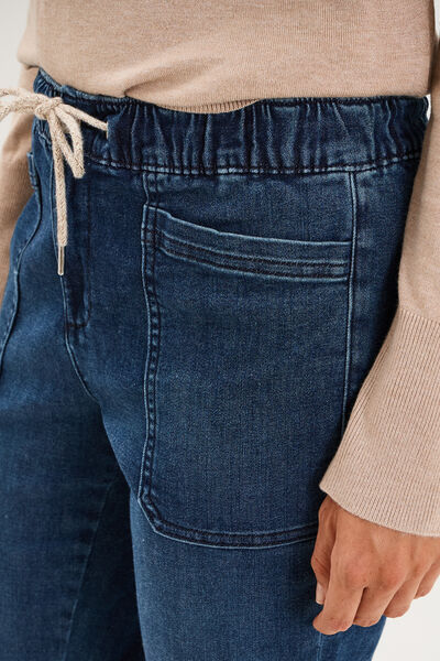 Jeans droit cropped taille &eacute;lastiqu&eacute;e bleu femme