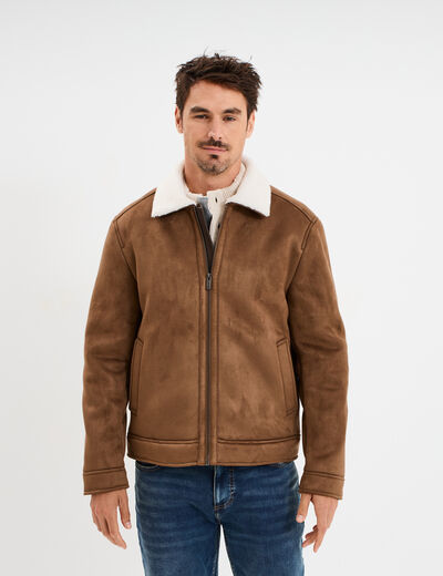 Veste bomber effet su&eacute;dine col aviateur marron homme