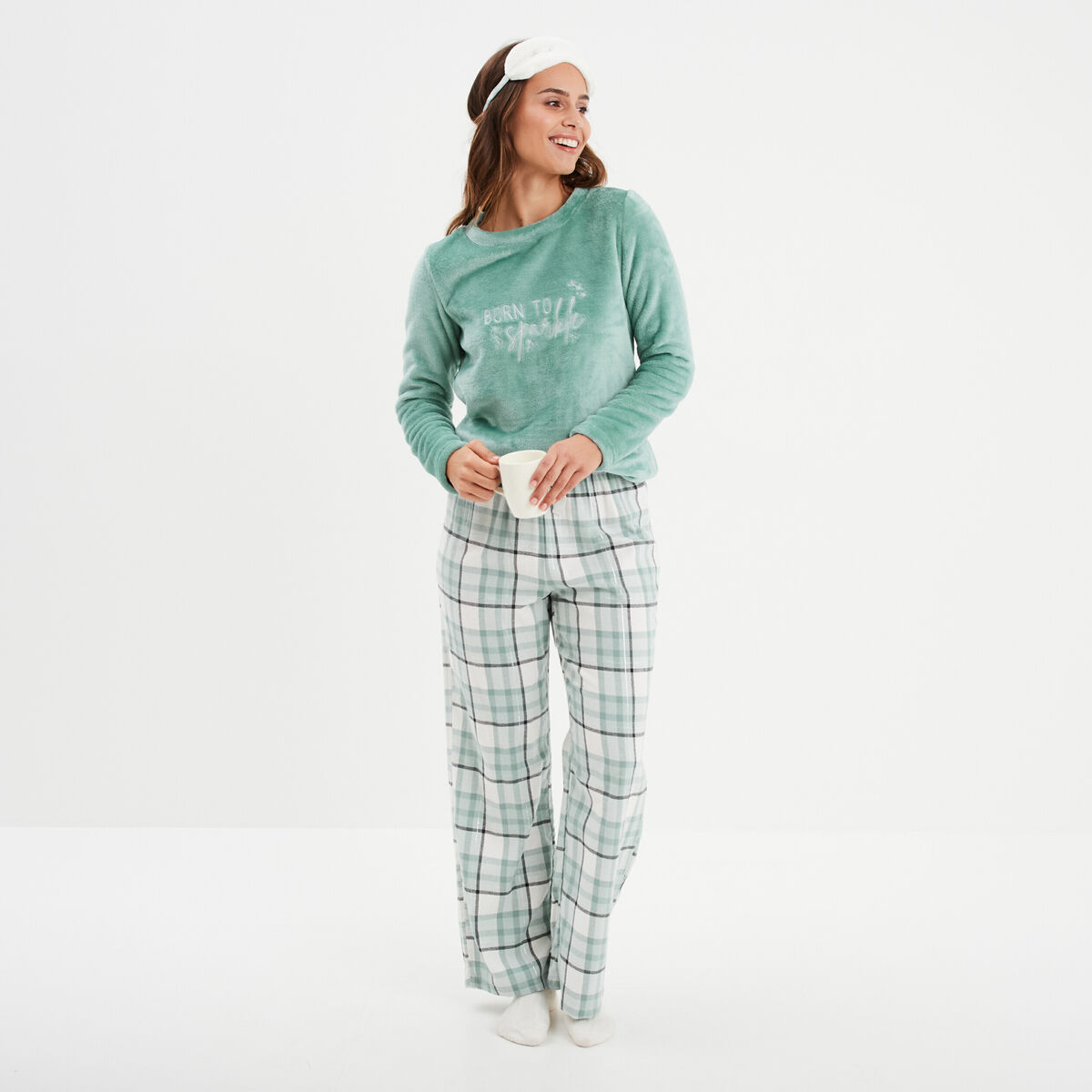 Ensemble pyjama effet polaire 3 pi&egrave;ces vert femme