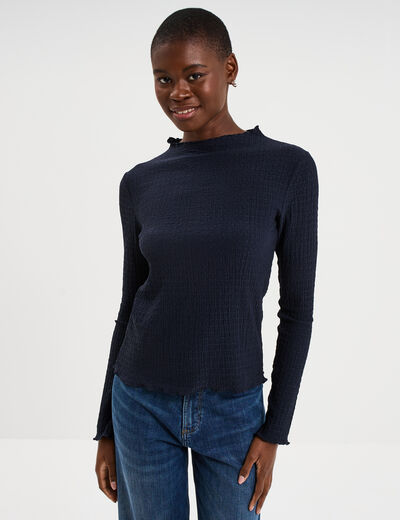 T-shirt effet gaufr&eacute; col montant bleu fonc&eacute; femme