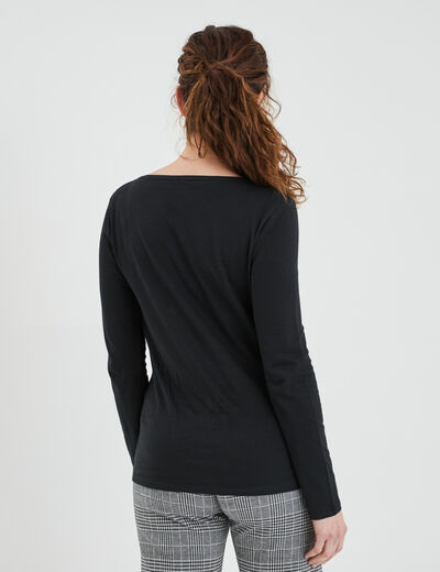 T-shirt coton col rond manches longues noir femme