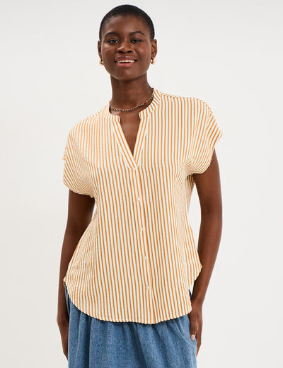 Blouse gaufr&eacute;e col tunisien marron cognac femme