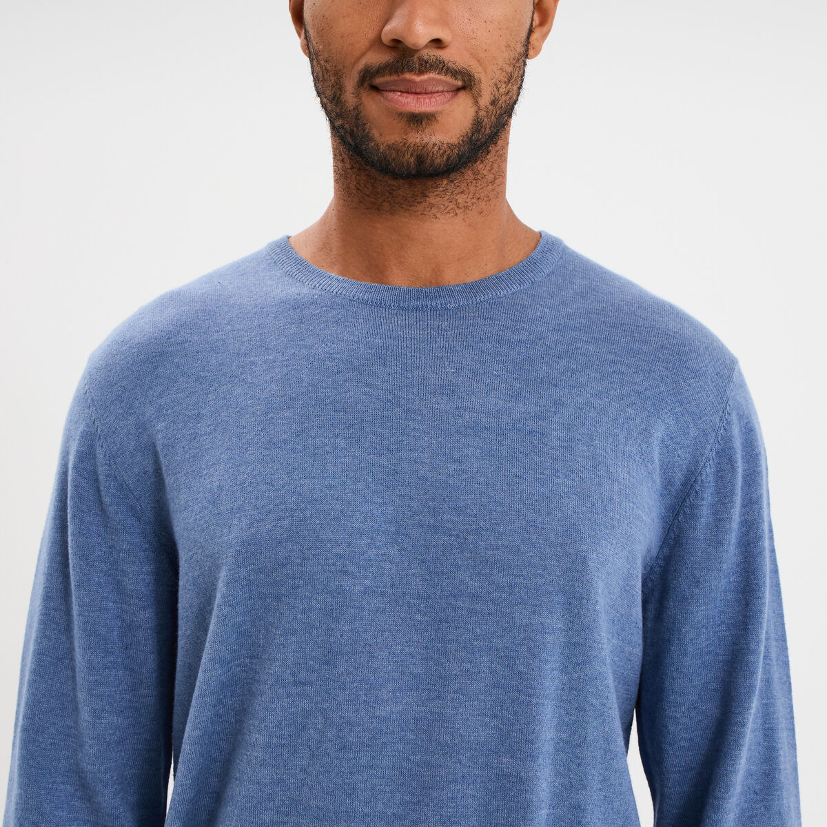 Pull droit col rond coton m&eacute;lang&eacute; bleu fonc&eacute; homme