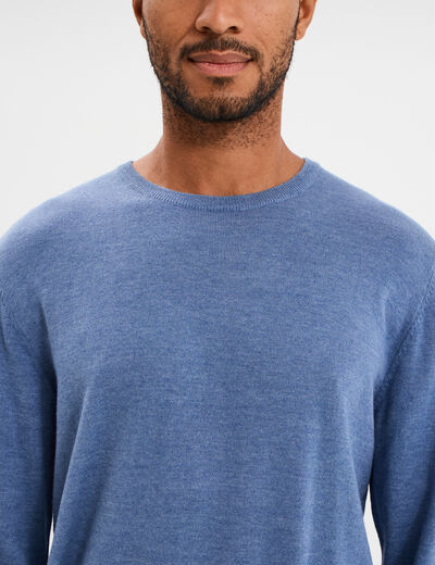 Pull droit col rond coton m&eacute;lang&eacute; bleu fonc&eacute; homme