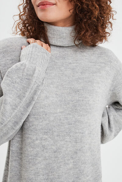 Robe pull col roulé courte droite gris clair femme