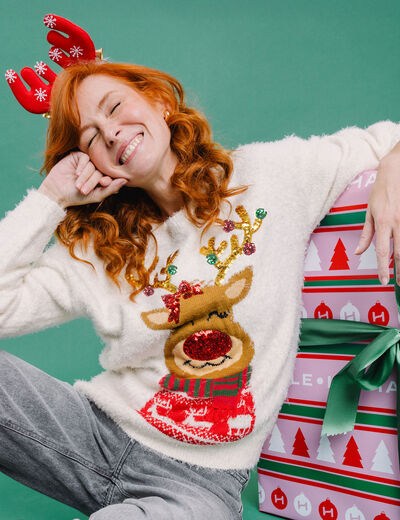 Pull de No&euml;l lumineux &agrave; sequins ivoire femme