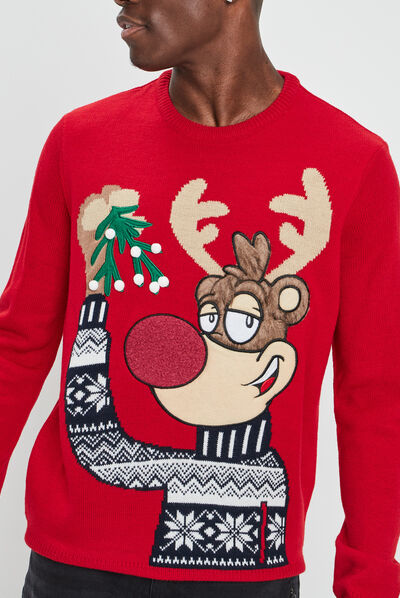 Pull de Noël avec col rond rouge homme