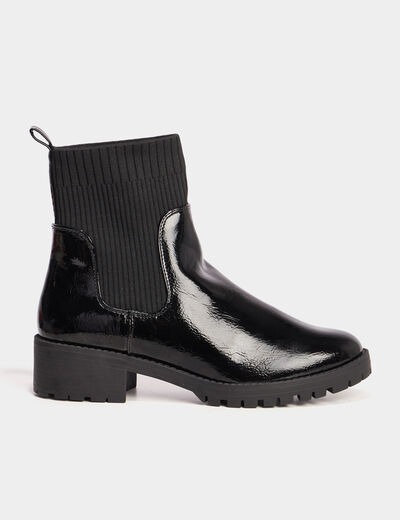 Bottines chelsea vernies &agrave; talons plats noir femme