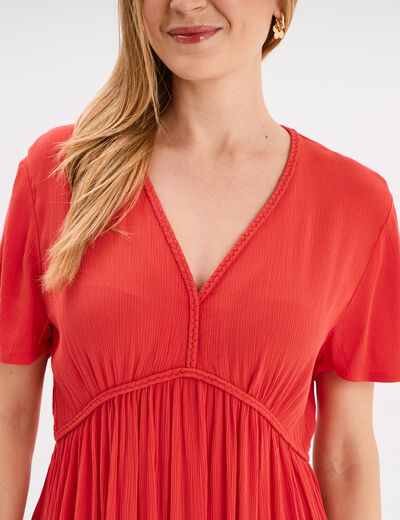 Robe col en V détails tressés rouge femme