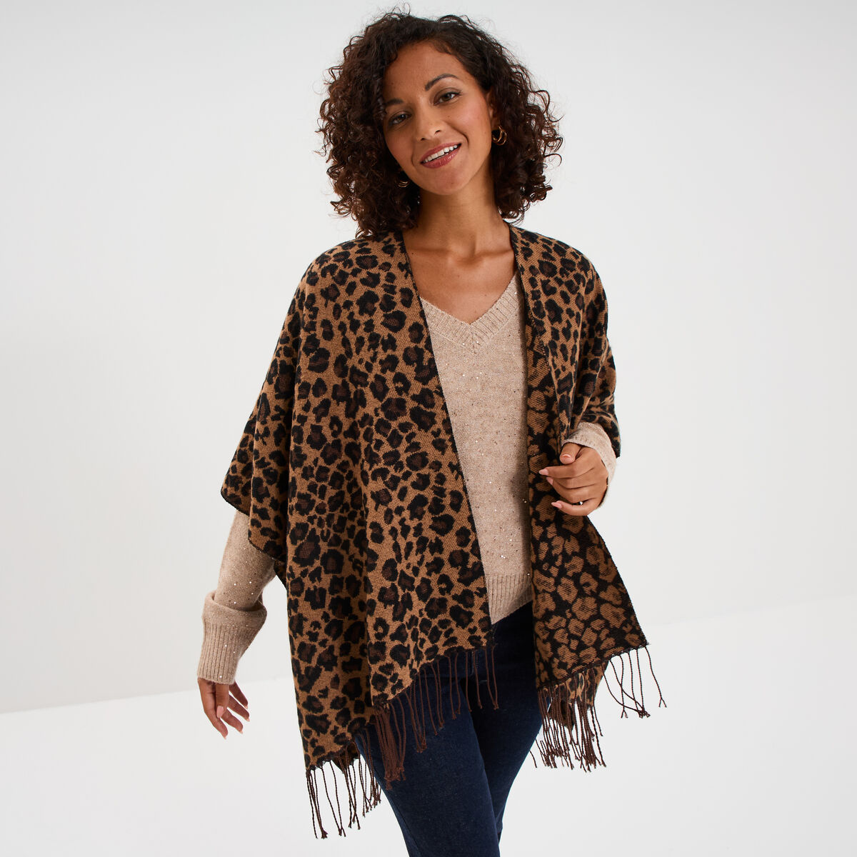 Poncho long &agrave; franges camel femme