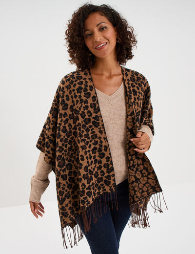 Poncho long &agrave; franges camel femme