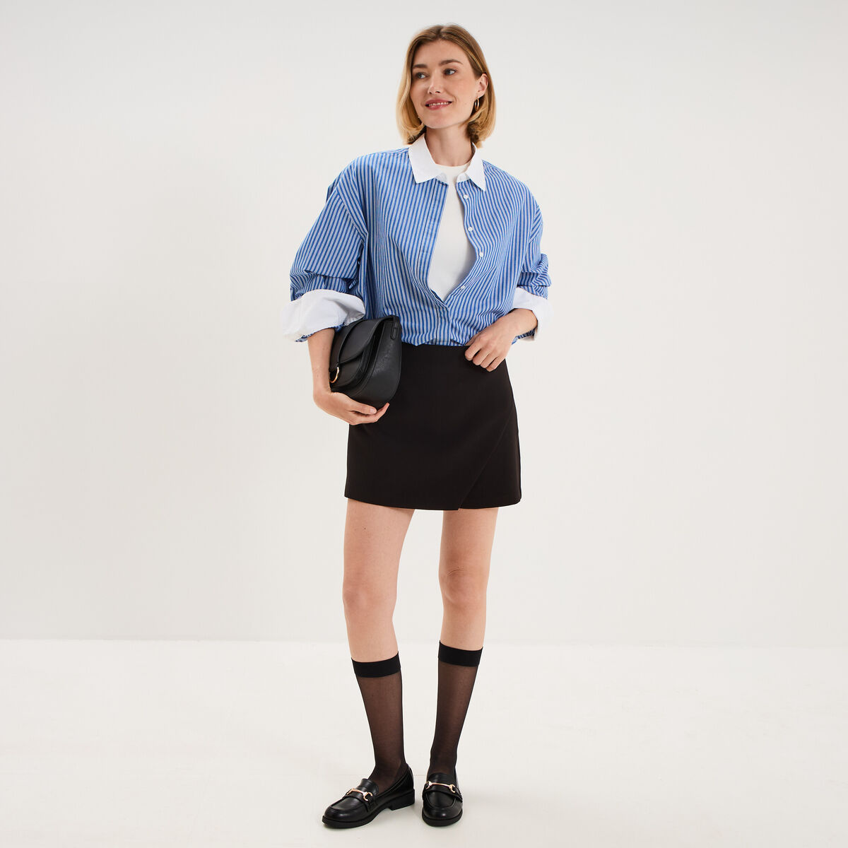Chemise oversize col contrast&eacute; bleu femme