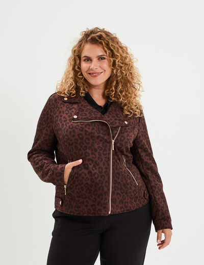 Blouson zippé effet suédine style biker marron foncé femme grande taille