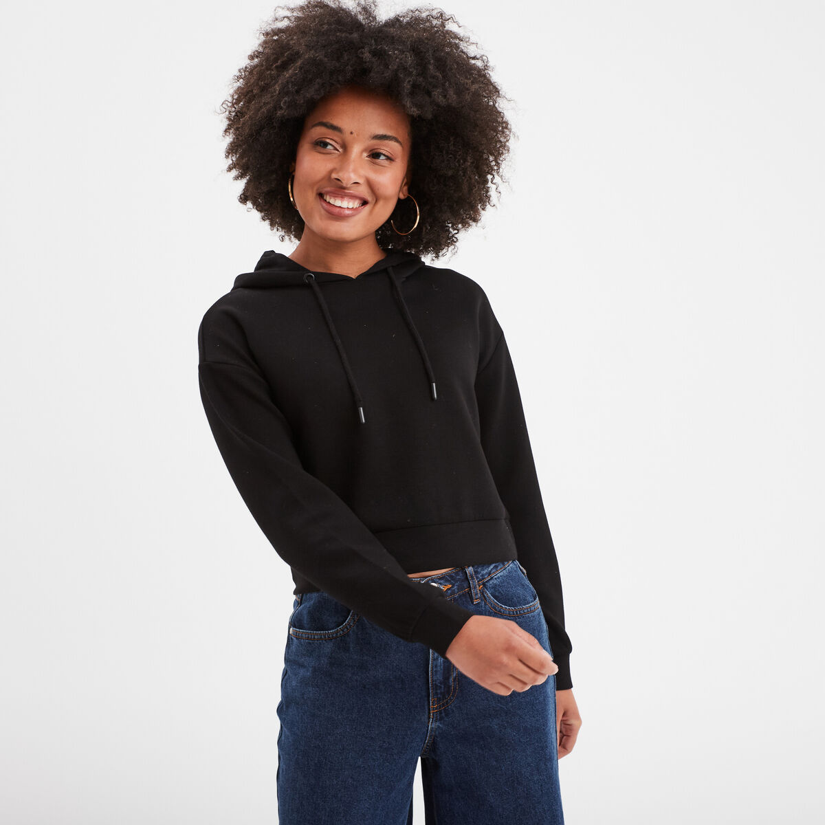 Sweat à capuche hoodie crop top coton noir femme